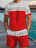 New Summer Men's Sportswear Striped Short-Sleeve T-Shirt Set Two-Piece Outdoor Travel Apparel Relaxed-Fit Shorts Training Wear
