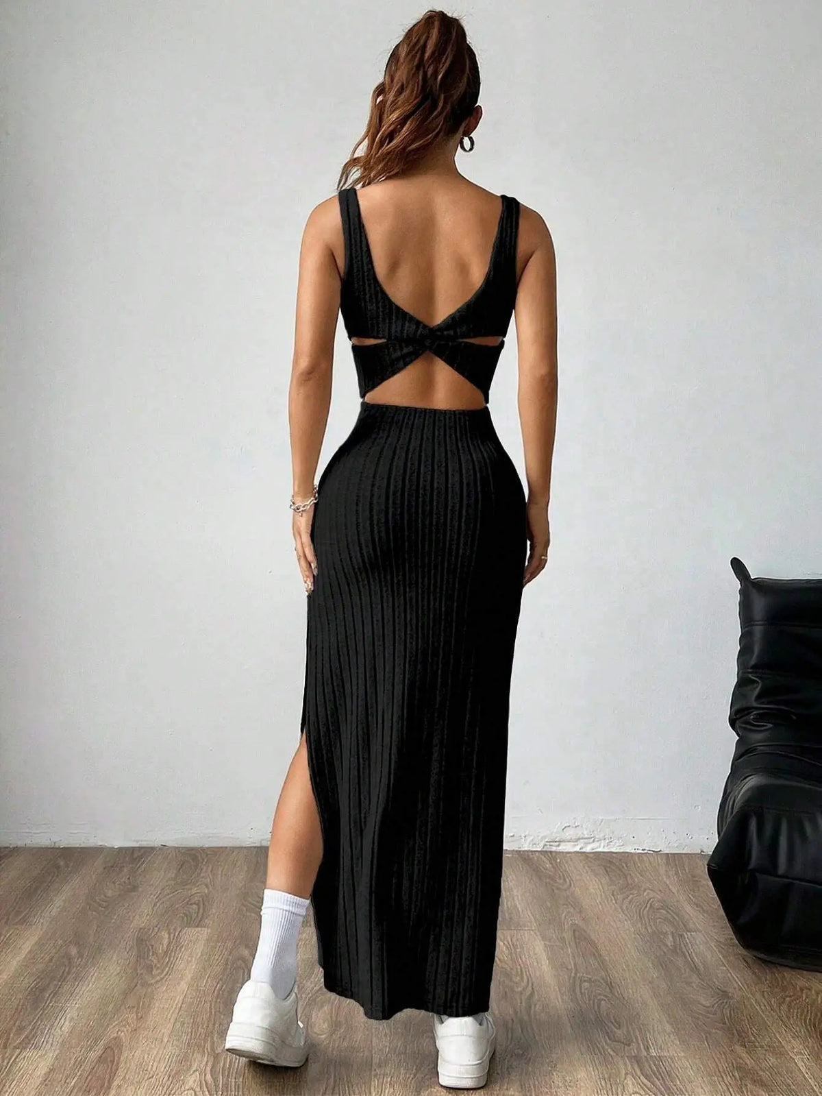Y2K Street Style Sleeveless Square Neck Ribbed Maxi Dress Thin Strap High Side Slit Bodycon Long Skirt