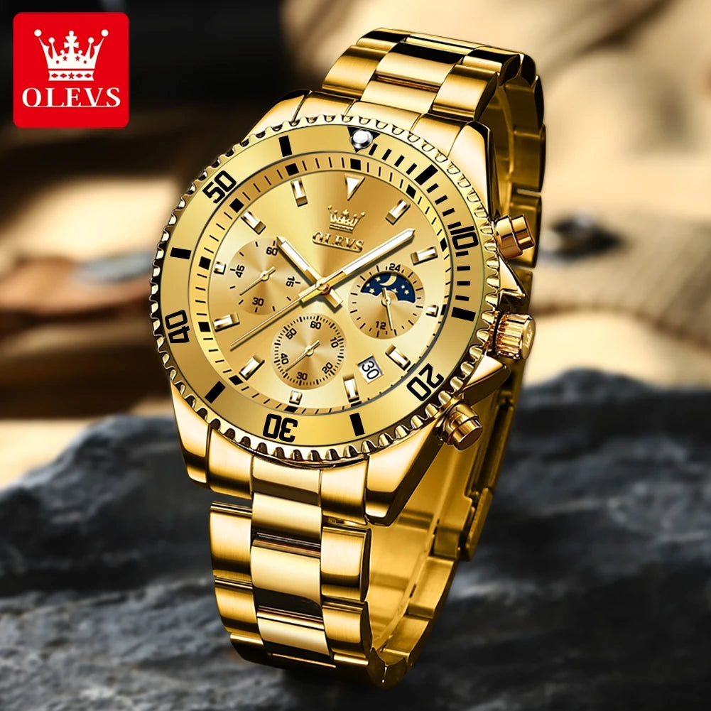 OLEVS 2870 Gold Men Watch Luxury Original Diving Series Men Watch Calendar Moon Phase Chronograph Sport Men Quartz Watch Gift
