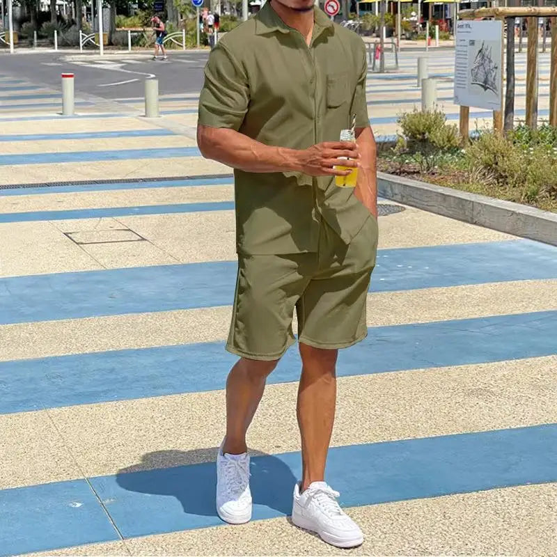 2026 Men's Summer Solid Casual Sets Comfy Cotton Linen Short Sleeve Lapel Shirt and Shorts Two Piece Sets Men Loose Sport Outfit
