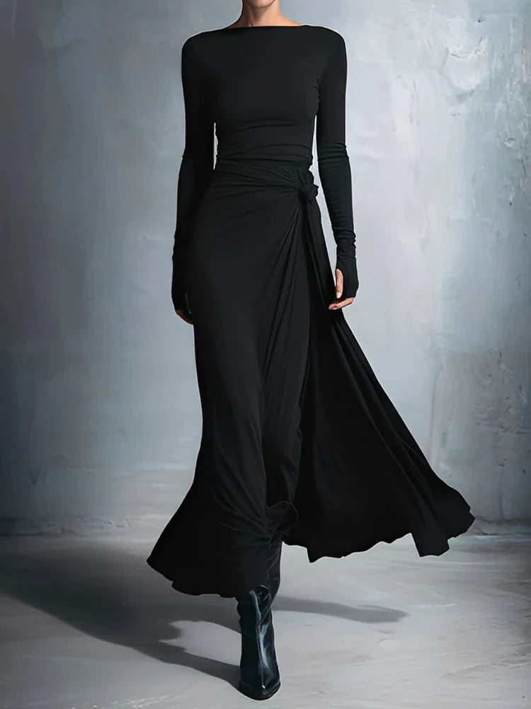 Elegant Long Sleeve Ruched Sexy Maxi Dress Women Gown Autumn Fashion Draped Bodycon Irregular Long Dresses Female Clothing
