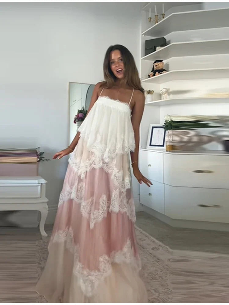 Romantic White Pink Tiered Lace Maxi Dress Spaghetti Straps Cross Back Tie Closure Flowy Skirt Women Date Party Vacation Outfit