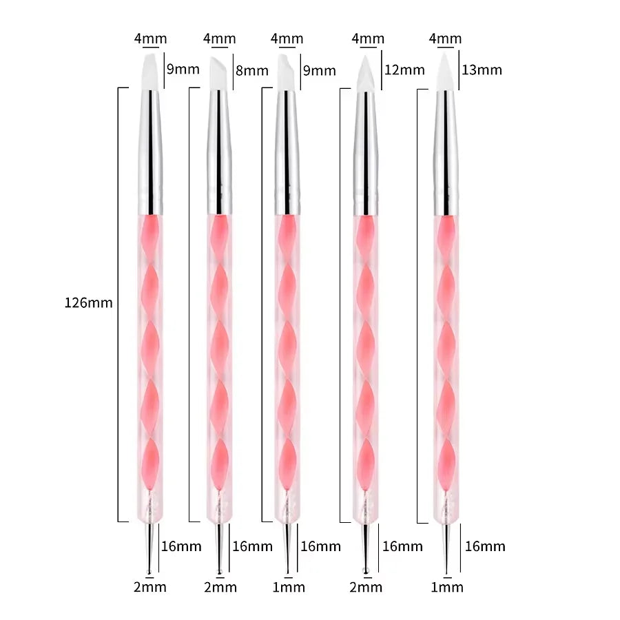 5Pcs Double Ended Nail Art Brush Acrylic Silicone Point Flower Nail Pen Stainless Steel Dotting Tools Marbleizing Painting Pens