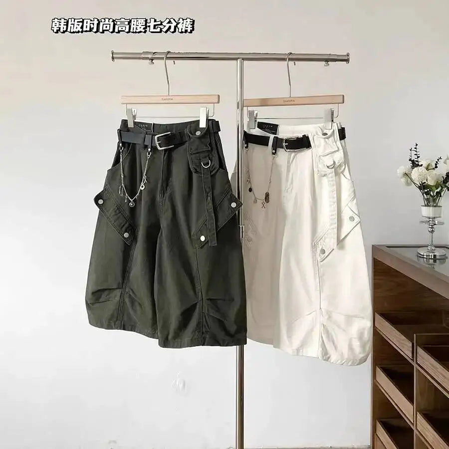 Women Denim Shorts 2026 New Summer Women's High Waist Slim Denim Cargo Pants Wide Leg Capri Pants Versatile Trousers