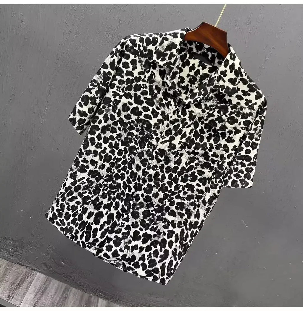 Leopard Print Short-sleeved Shirt Men's Design Niche Fashion Versatile Casual Summer Thin Style 2025 New Trendy Top