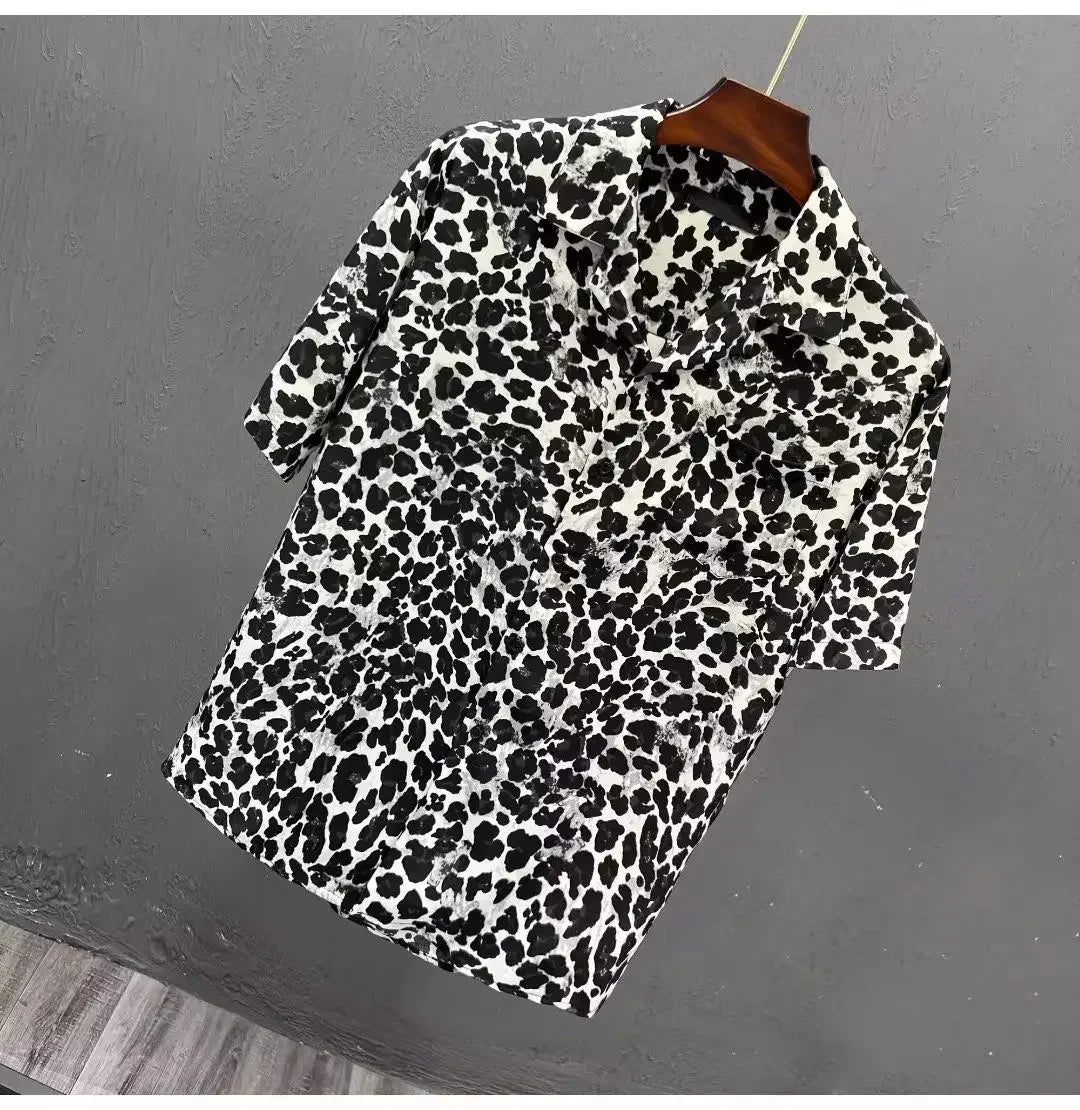 Leopard Print Short-sleeved Shirt Men's Design Niche Fashion Versatile Casual Summer Thin Style 2025 New Trendy Top