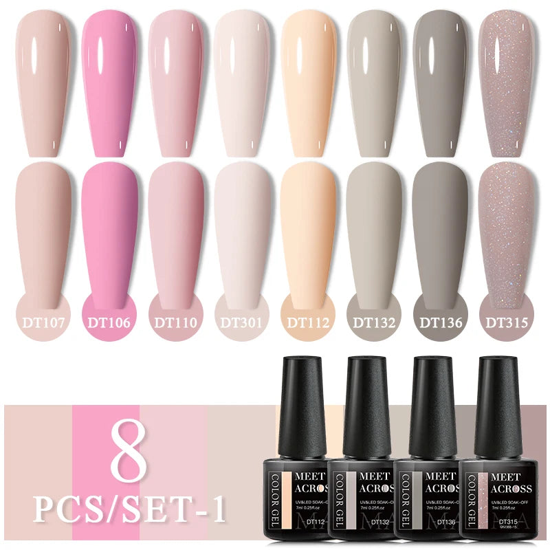MEET ACROSS 6/8Pcs Set Glitter Gel Nail Polish Autumn Winter Nail Art Varnishes Semi Permanent Soak Off UV Gel Kit Nails Lacquer