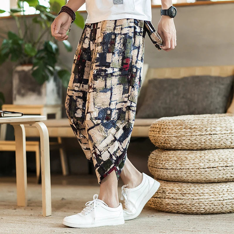 Men's Casual Cotton Linen Seven-Foot Pants Summer plus Size Lantern Loose Fit Shorts Harlan Style Comfortable Breathable Leis...