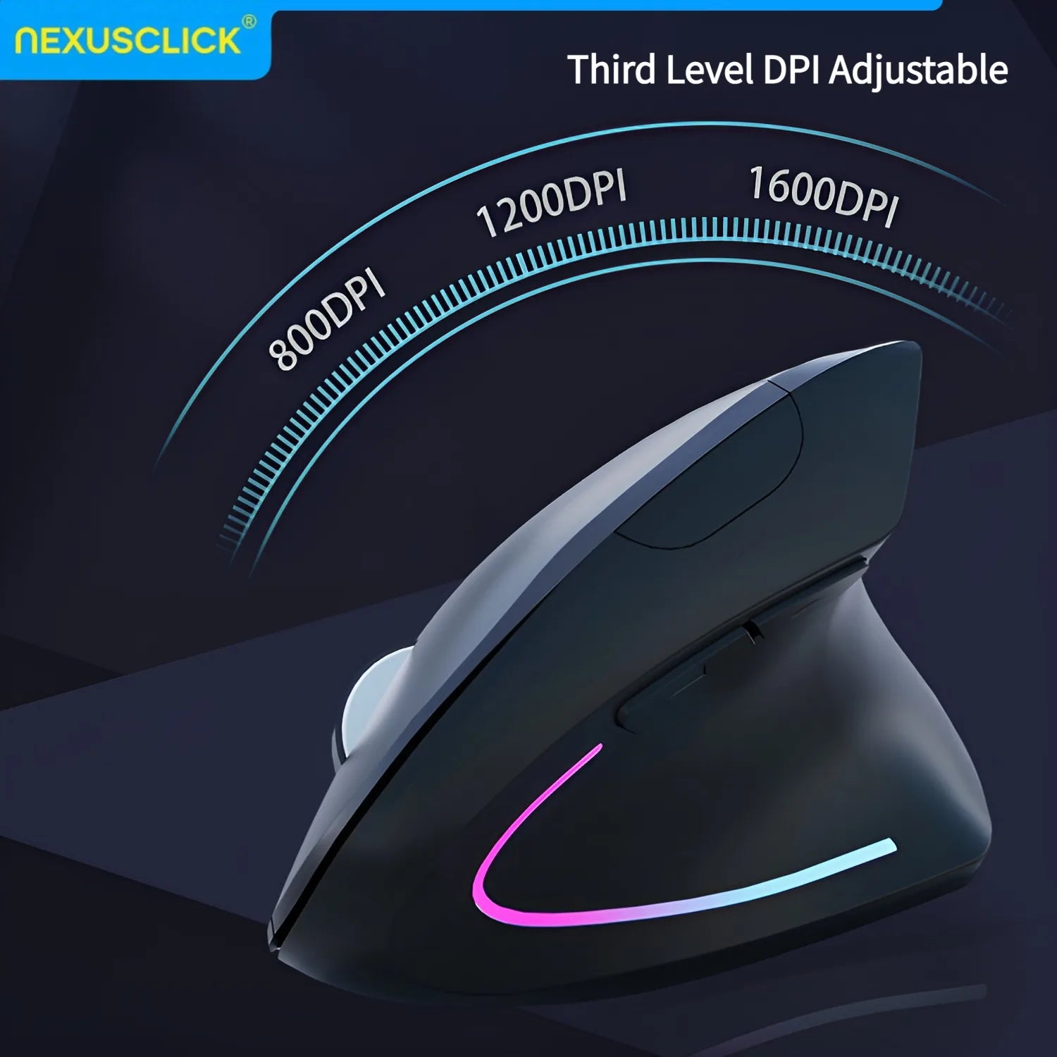 NexusClick Dual Mode Ergonomic Vertical Mouse,Rechargeable/AA Battery Powered,Adjustable DPI Mute Buttons RGB Mouse for Computer