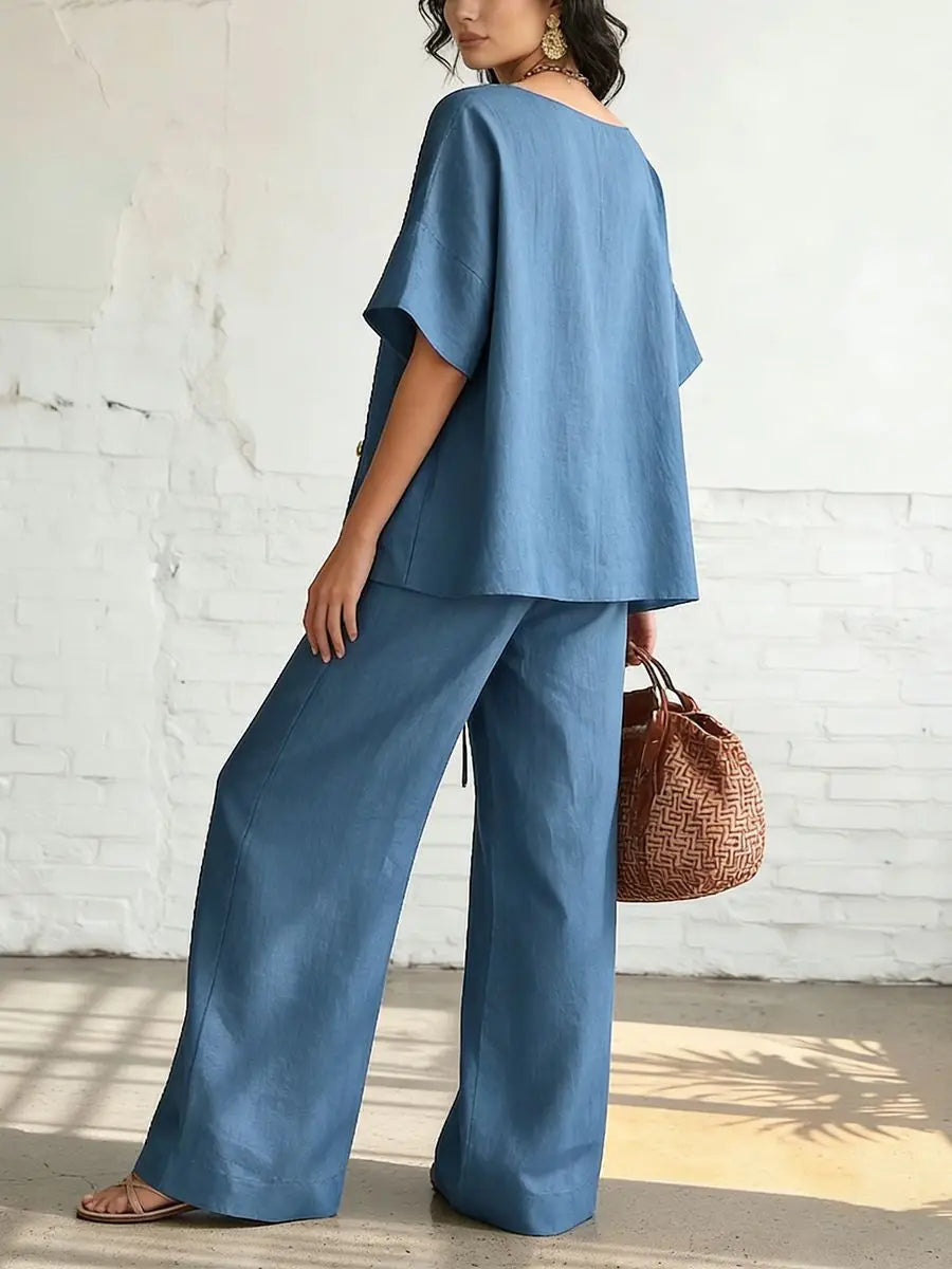 Casual Cotton Loose Pants Sets Women Summer 2026 Fashion Short Sleeve V-neck Tops And Wide Leg Pant 2 Piece Set Woman Outfits