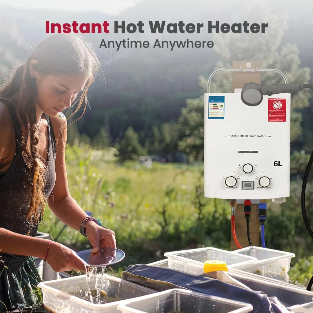 LPG Propane Water Heater 6L Instant Gas Water Heater Overheat & Dry-Burn Protection with Digital Display for Camping RVs Cabin