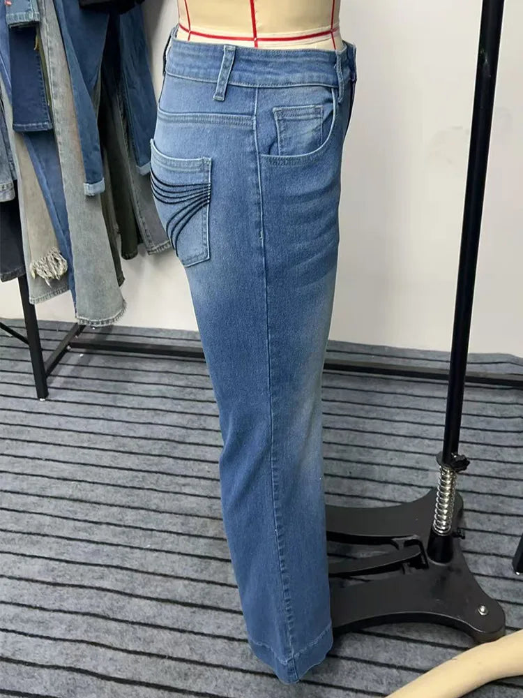 Denim Pants Women Solid Spliced Jeans Slim Fit Streetwear Pockets Floor Length Trousers Distressed Skinny Lady Elegant Autumn