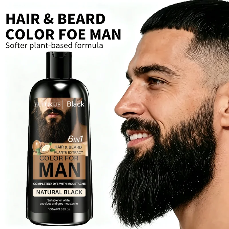 YUITIKUE Men Hair Color Beard Dye Long Lasting Natural Black Shade Plant Based Formula Easy to Apply 100ml