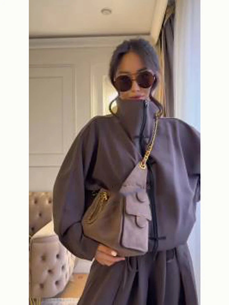 Coffee Tang Suit Two Piece Set Mandarin Collar Frog Button Top Wide Leg Cropped Pants Sets Lady Chic Retro Oriental Daily Wear