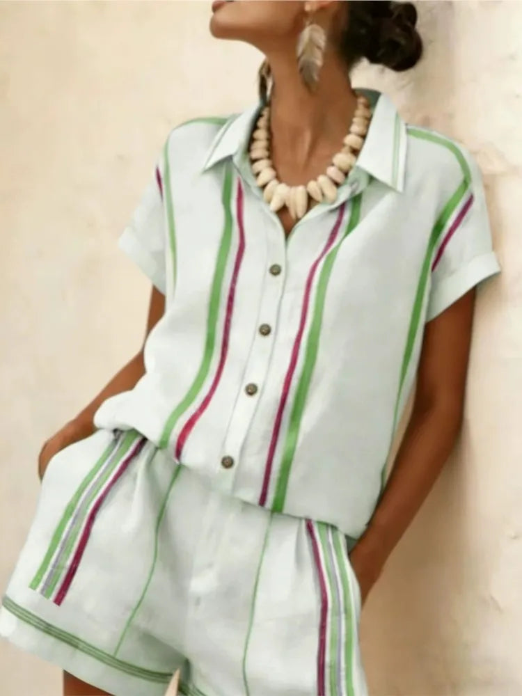 2026 Women Two-piece Set  Vertical Striped Top Women's Summer Loose Casual Versatile Lapel-neck Shorts Sleeve Shirt Shorts Suit