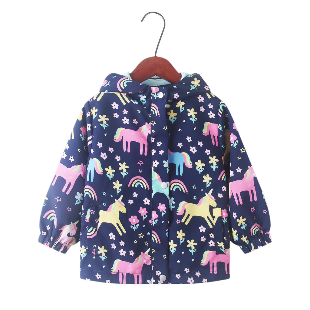 Spring Autumn Girls Cute Cartoon Unicorn Print Windbreaker Outerwear Kids Hooded Zipper Waterproof Jacket Children's Casual Coat