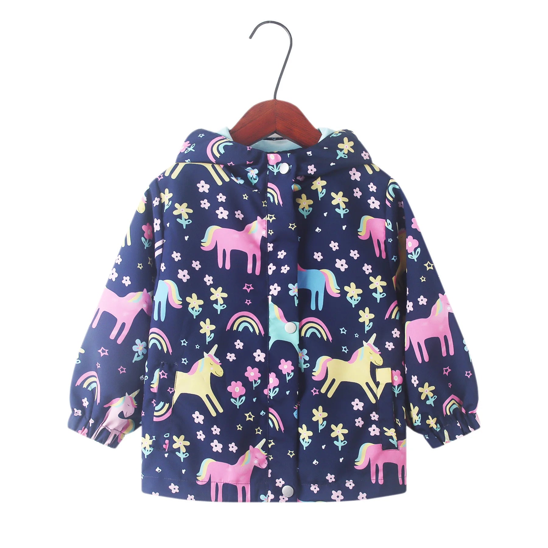 Spring Autumn Girls Cute Cartoon Unicorn Print Windbreaker Outerwear Kids Hooded Zipper Waterproof Jacket Children's Casual Coat
