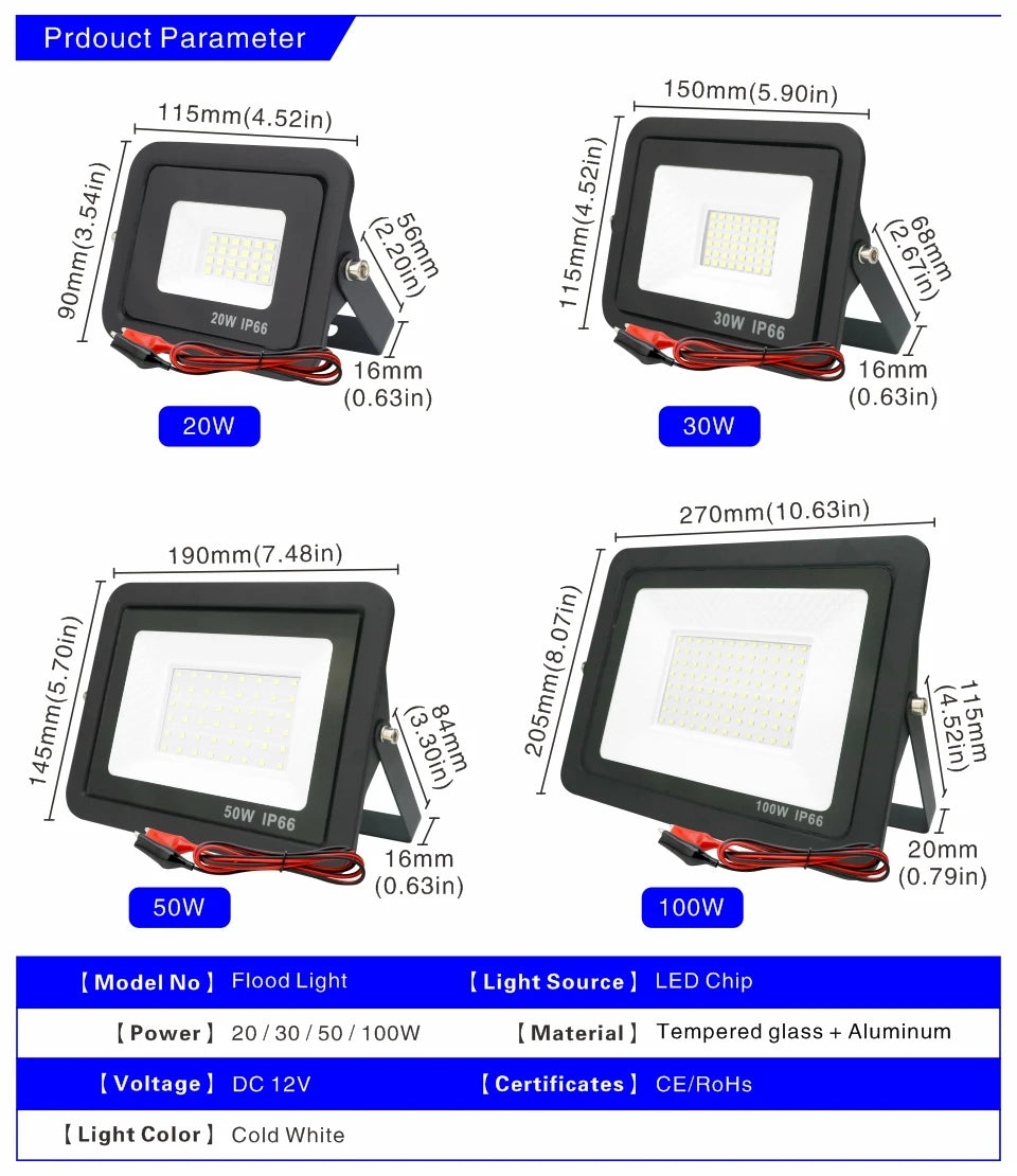 DC12V Led Flood Light 20W 30W 50W 100W Outdoor Floodlight Spotlight IP66 Waterproof Light Reflector Portable 12 Volt Led Lights