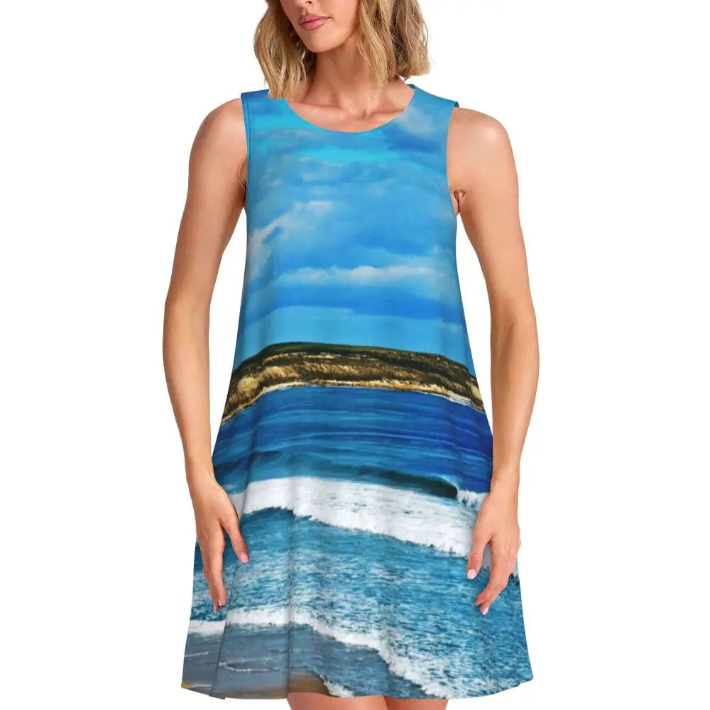 Beach Print Casual Dress Tropical Palm Tree Sleeveless Sexy Dresses Women Crew Neck Streetwear Dress Summer Graphic Clothing