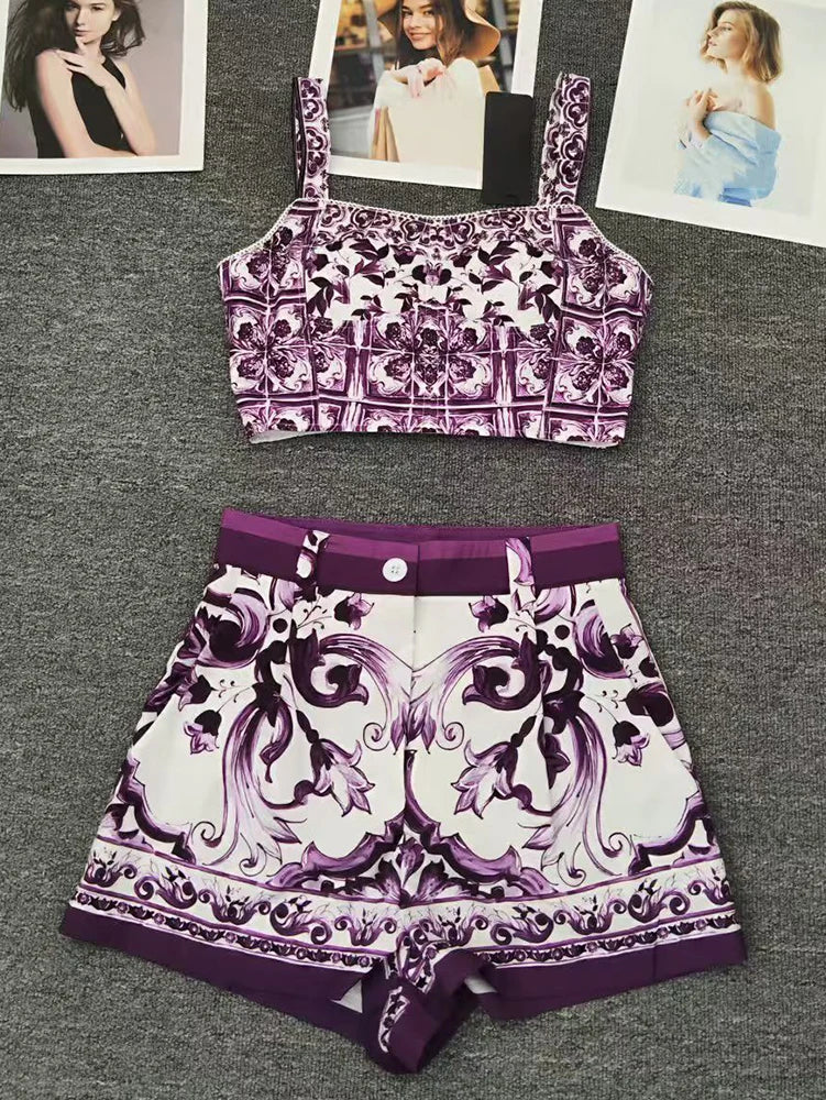2026 summer women's retro geometric print sexy strapless camisole short top two-piece set+straight tube short fashion set