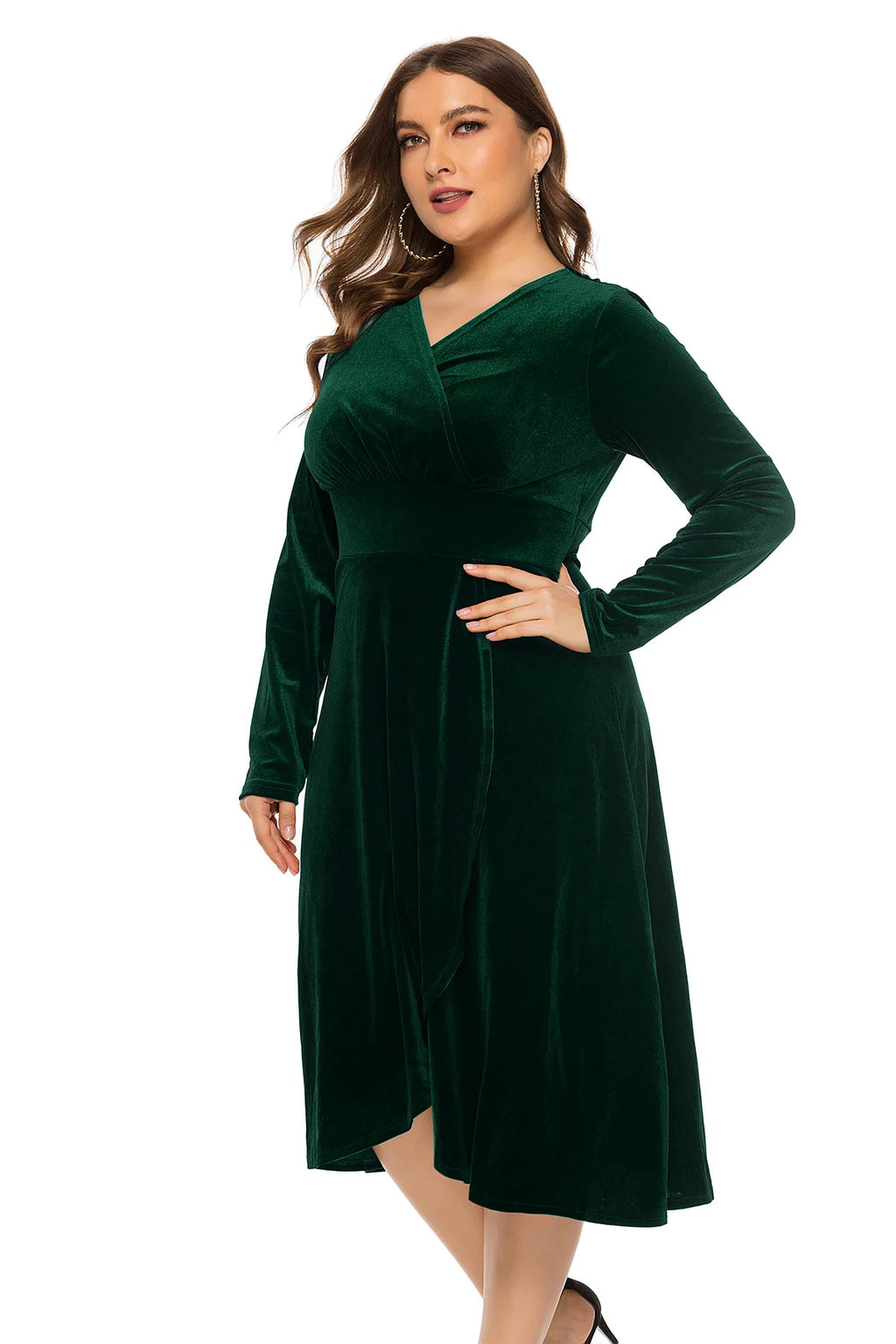 Plus Size New Arrival Fashional Long Sleeve V Neck Velvet Maxi Midi Dresses For Big Size Elegant Women