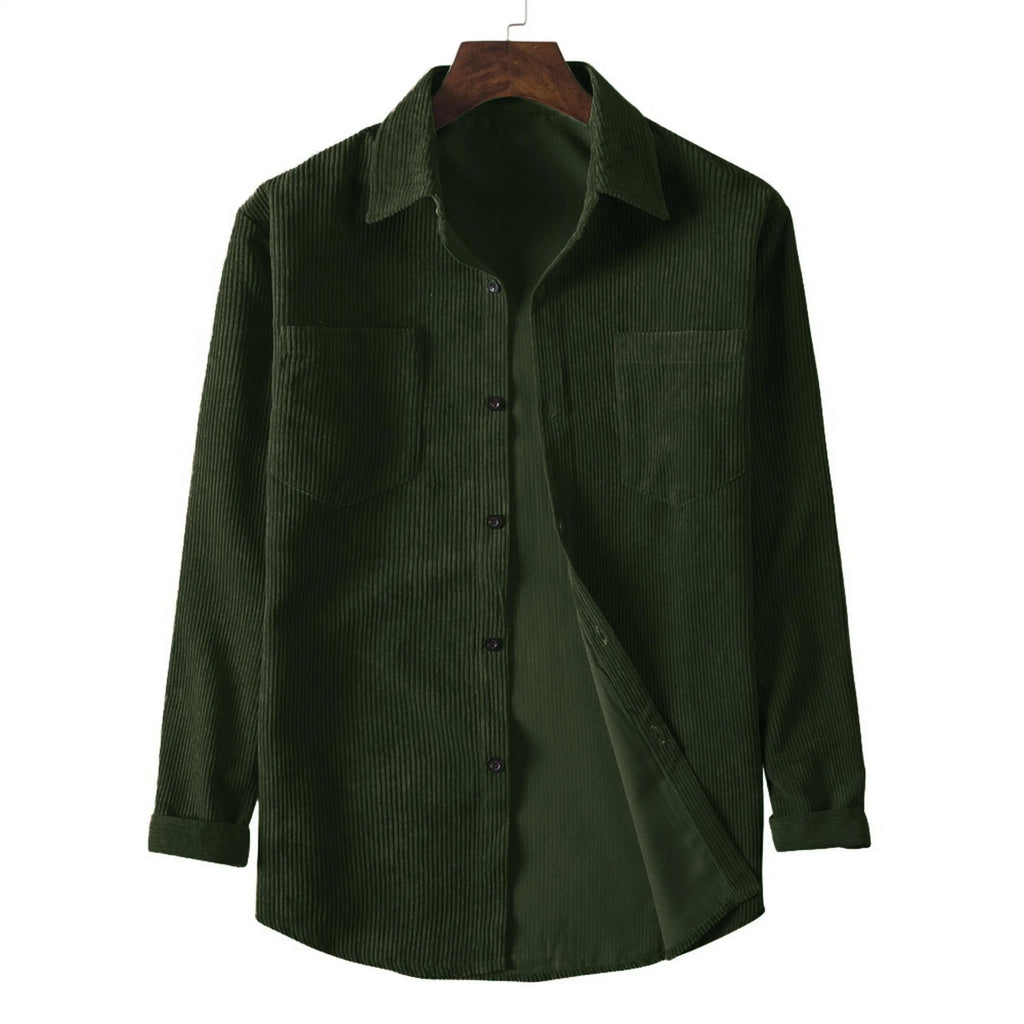 New spring and autumn men's corduroy long-sleeved double-pocket solid color casual men's top button lapel fashion