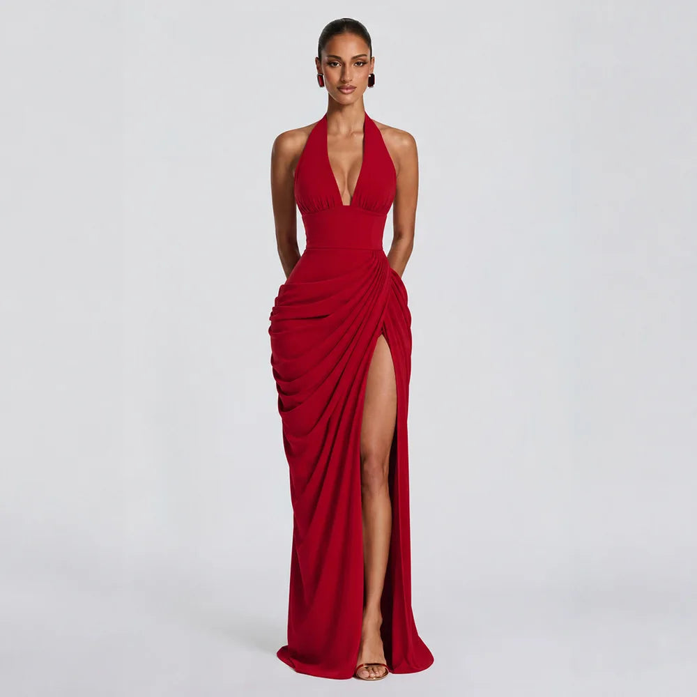 Sexy Solid Pleated Halter Women's Dress Fashion Sleeveless Backless Waist-cinching Split Maxi Dresses 2026 Summer Party Gowns