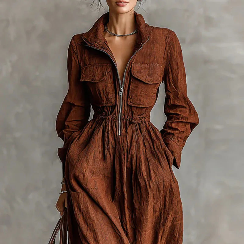 Women Lapel Zip Cargo Pocket Long Dress New Spring Solid Cotton Linen Maxi Dress Fall Long Sleeve Elastic Waist Loose Boho Dress