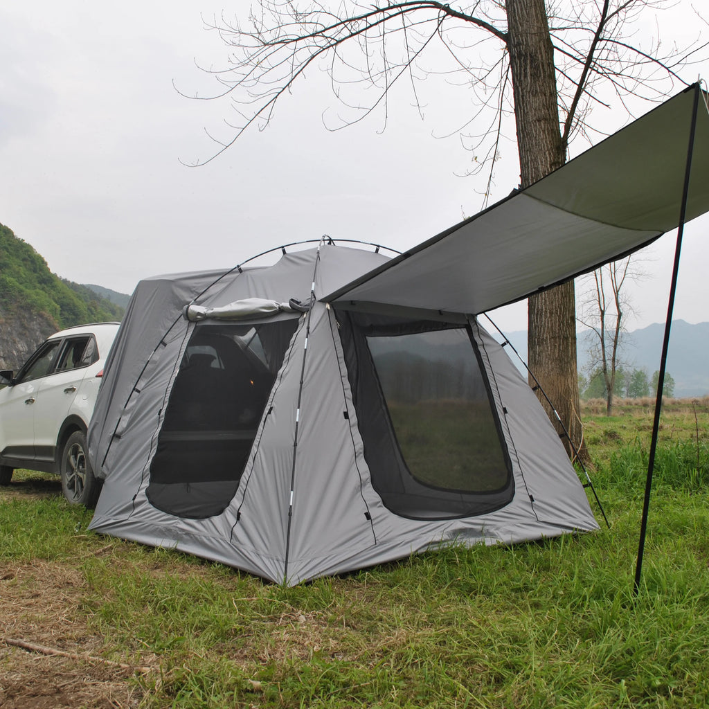 6-Person Size Car Rear Tent with Four Large Window Car Tailgate Tent Back SUV Tent with Large Awning, 6 Person Trunk Tent