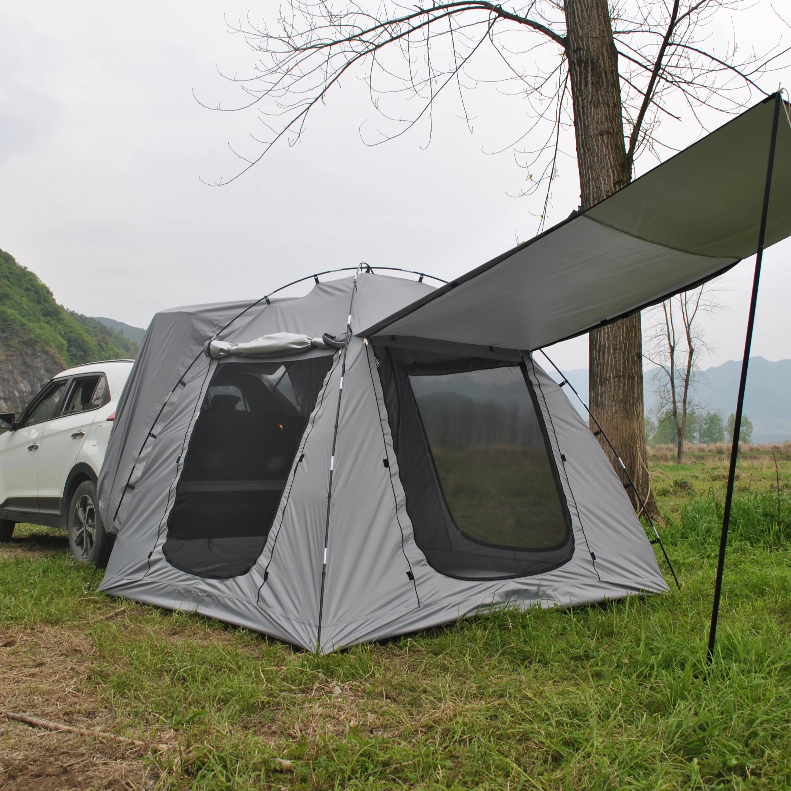 6-Person Size Car Rear Tent with Four Large Window Car Tailgate Tent Back SUV Tent with Large Awning, 6 Person Trunk Tent