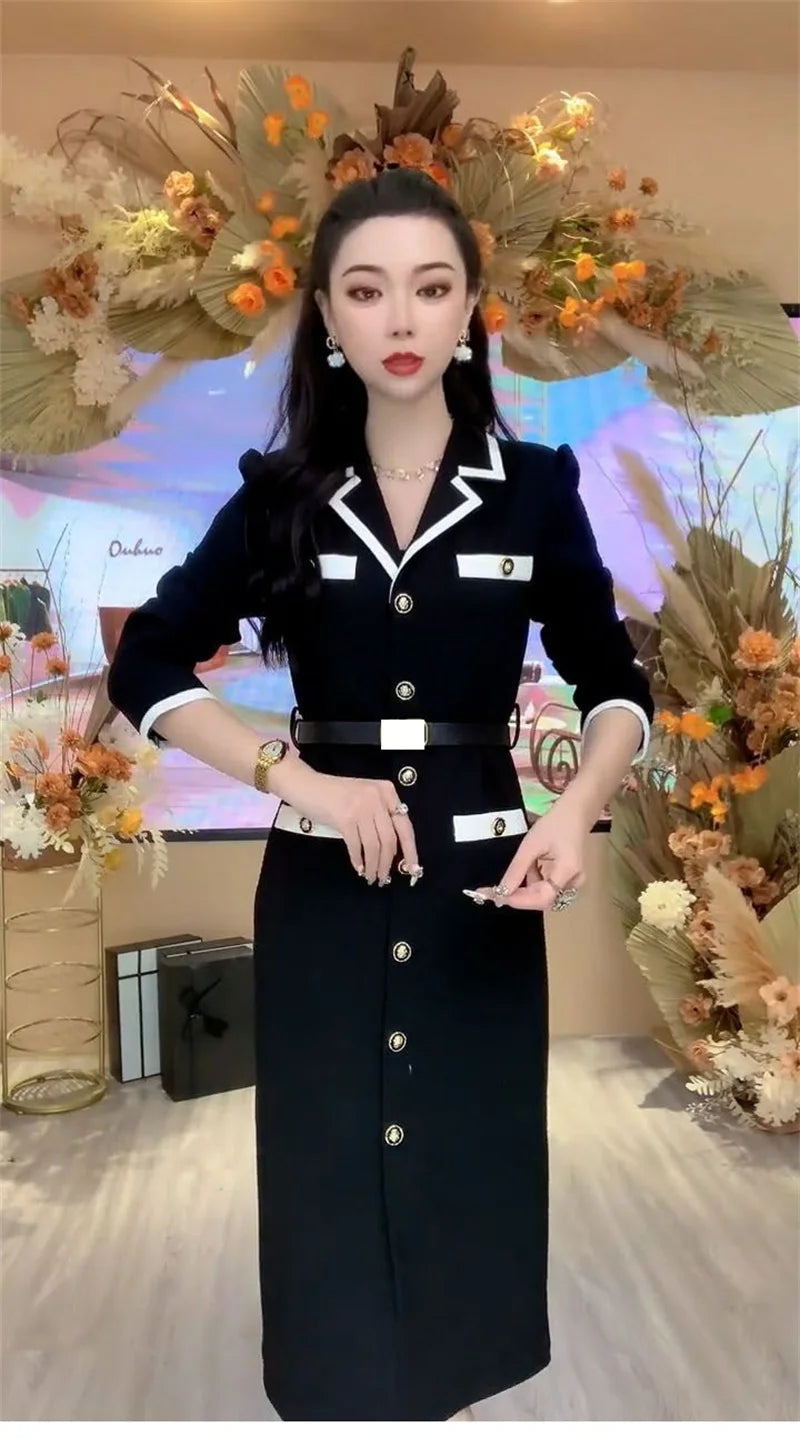 Women Fashionable New Button Decoration Small Fragrant Autumn Long Sleeve Dress Light Luxury High Waist Thin Mid length Dress