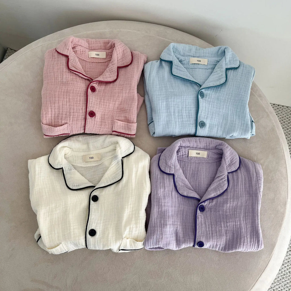 2026 New Children's Cotton Pajamas Set Soft Loose Boys Girls Clothing Turn-down Collar Button Shirt Trousers 2 Pcs Suit Pijamas