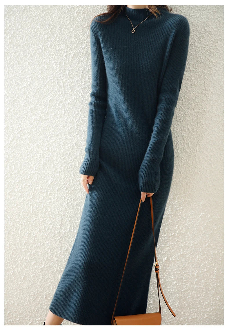 Autumn and winter semi high neck drawstring high elasticity slim fit 100% wool pullover dress, mid length over knee cashmere