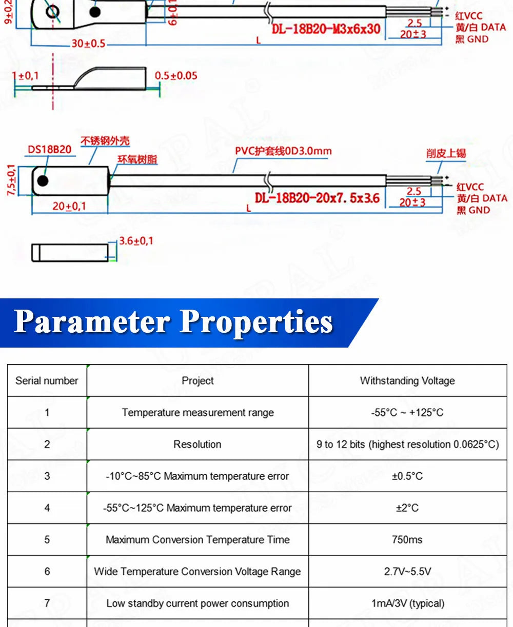 DS18B20 Temperature Sensor Waterproof Dustproof Sensors Cable 1M Length Probe 304 Stainless Steel 6*30MM OD 3.0MM