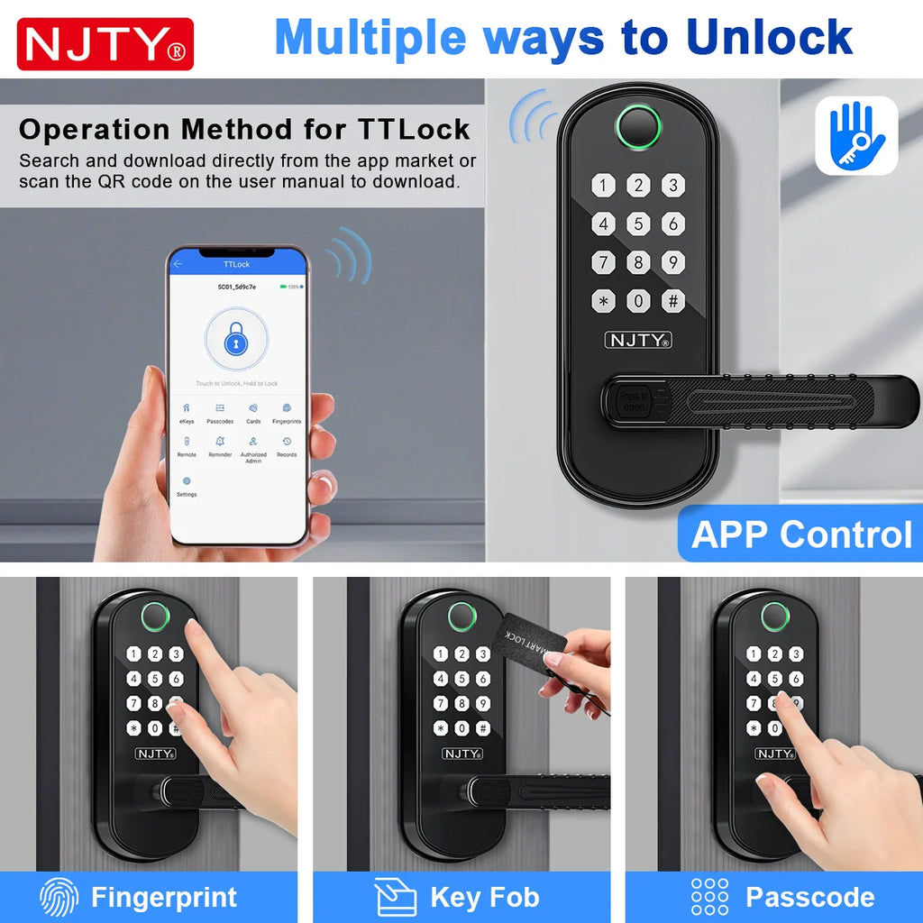 NJTY Fingerprint Door Lock Unlock by Fingerprint/Card/App/Password/NFC/Key Anti-Theft Electronic Door Lock for Bedroom/Outside
