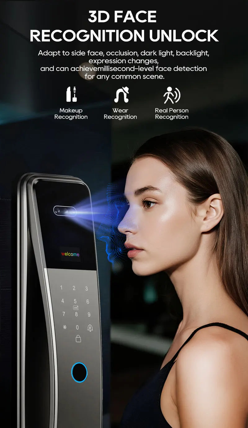 SANKESONG Tuya Smart 3D Face Door Lock Security Camera Monitor Intelligent Fingerprint Password Biometric Dual Battery