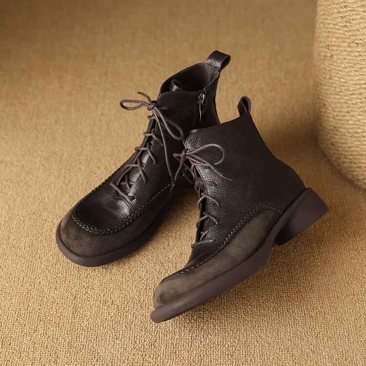 New Autumn Winter Genuine Leather Women Boots Fashion Lace Ankle Boot for Women Short Boots Shoes Chunky Heel Botines Mujer