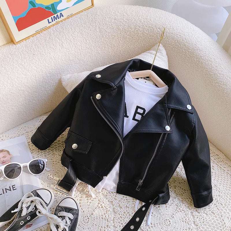 Spring Girls Pu Leather Jackets Autumn Kids Zipper Trends Short Coats Children Handsome Outerwear Baby Classics Clothes 2-8 Year