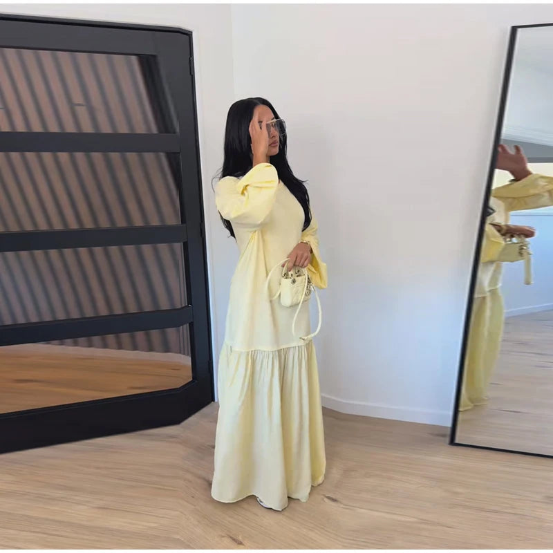 Solid Color Loose Fit Flare Sleeve Tiered Dress Crew Neck Ruffle Hem Pleated Long Maxi Dresses 2026 Spring Chic Casual Outwear
