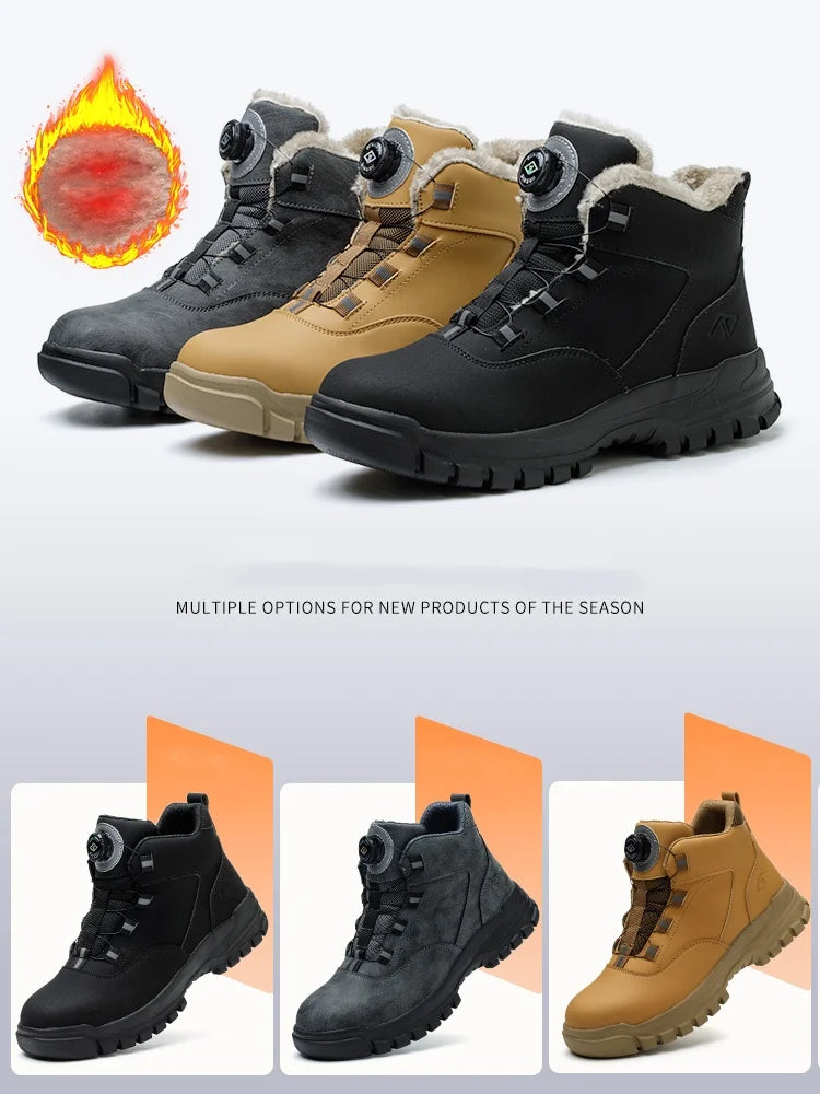 WOUDHONY Work Shoes Men Anti-smashing Anti-puncture Safety Shoes Rotating Buttons Autumn Winter Protective Work Safety Boots
