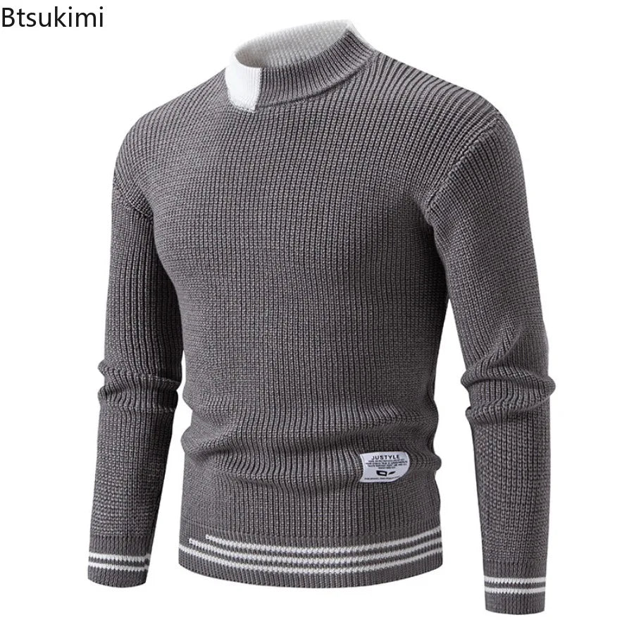 High Quality Men's New Autumn Winter Sweaters Casual Warm Mock Neck Pullovers Trend Color Blocking Design Men Sweaters Knit Tops