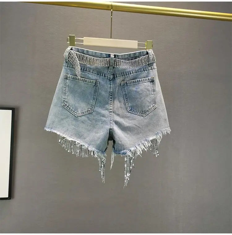 Denim Shorts Women's 2025 Summer Clothes New European High Waist Thin Heavy Industry Beaded Sequined Fringed Broken Copper Jeans