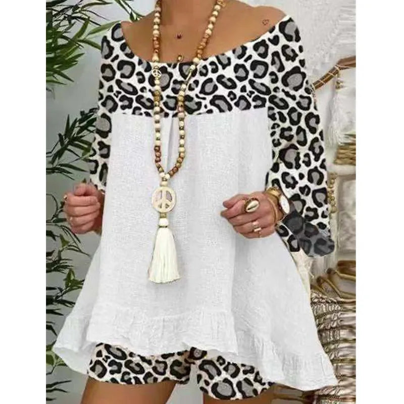 Linen Blouse Tops And Loose Shorts Suit Vintage Two Piece Set Print Sets Female Leopard Patchwork Outfit