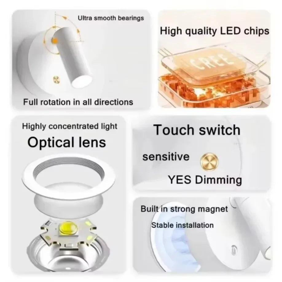 LED Bedroom Wall Light USB Rechargeable Black White Magnet Magnetic Base Dimmable With Touch Switch For Bedside Study Reading