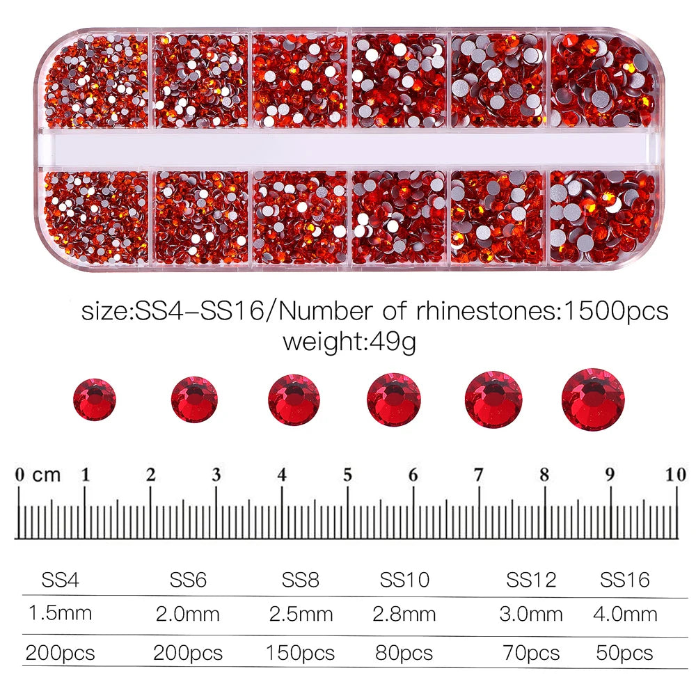 12Grid/1500PCS Shiny Crystal Nail Art Rhinestones SS4-16 Silver 3D Flatback Semicircler Nail Charms Gemstones for DIY Decoration