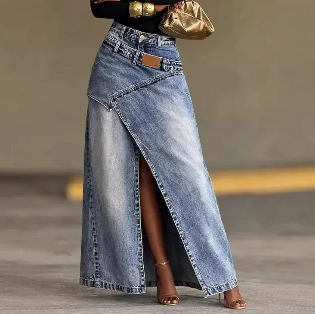 2026 New Irregular Split Denim Skirt Women Fashion Loose Double Waist Stitch Design A-Line Long Skirt Casual Street Jean Skirts
