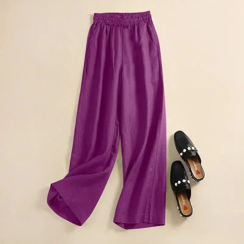 Women's Pants Summer Cotton Linen Wide-legged Elastic Waist Tie Casual Pants Loose Versatile High-waisted Straight Trousers