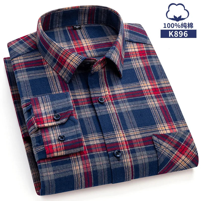 Pure Cotton Men's Plaid Shirt Long Sleeve Regular Fit Men Casual Oversized Shirt Leisure Autumn Spring Male Blouse New Plus Size