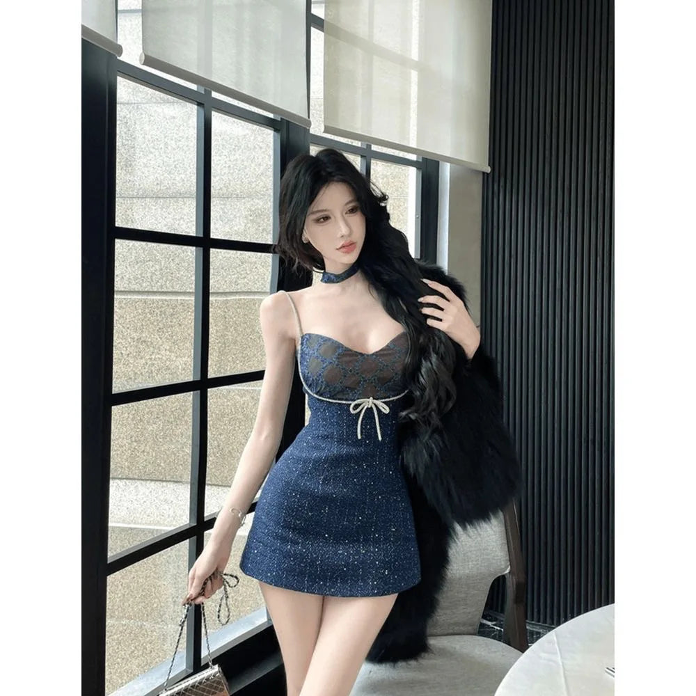 Real Shot Women's Luxury Sequin Sling Dress 2025 Fall New Chic Bodycon Mini Dress Sexy Lace Patchwork Waist Cinched Party Dress
