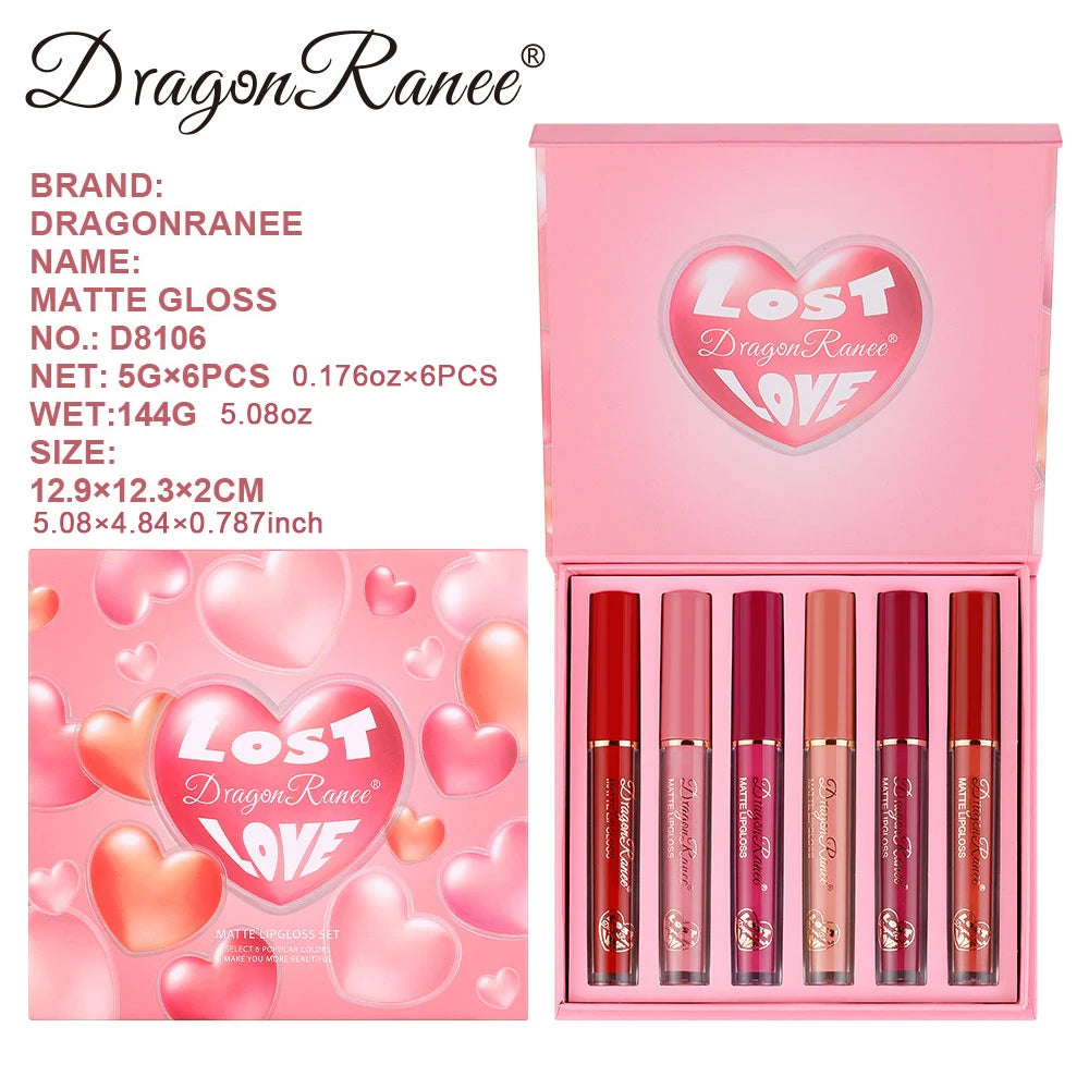Set of Six Lip Glazes, Matte and Fine Texture, Easy to Apply, Non-Stick, Waterproof and Sweat-Proof, Versatile for Daily Use, Lip Gloss and Lipstick Set